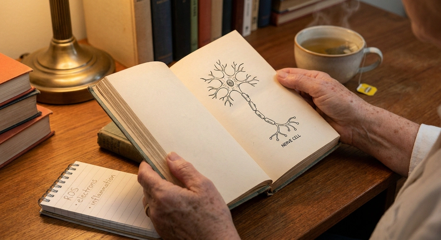Older woman's hands studying a nerve cell diagram with handwritten notes about inflammation and electrons