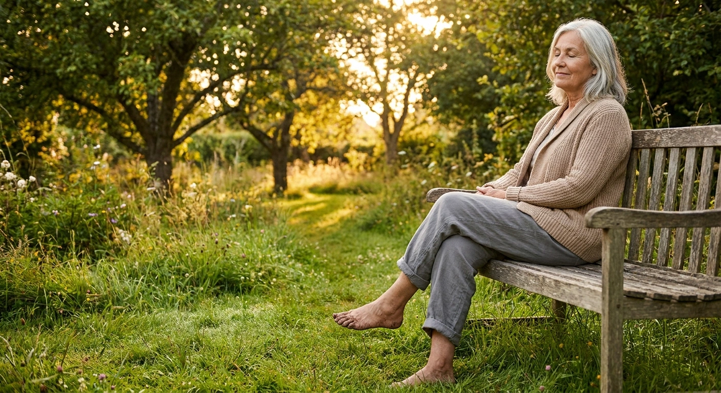 Older woman sitting on a garden bench with bare feet resting on grass in golden afternoon light