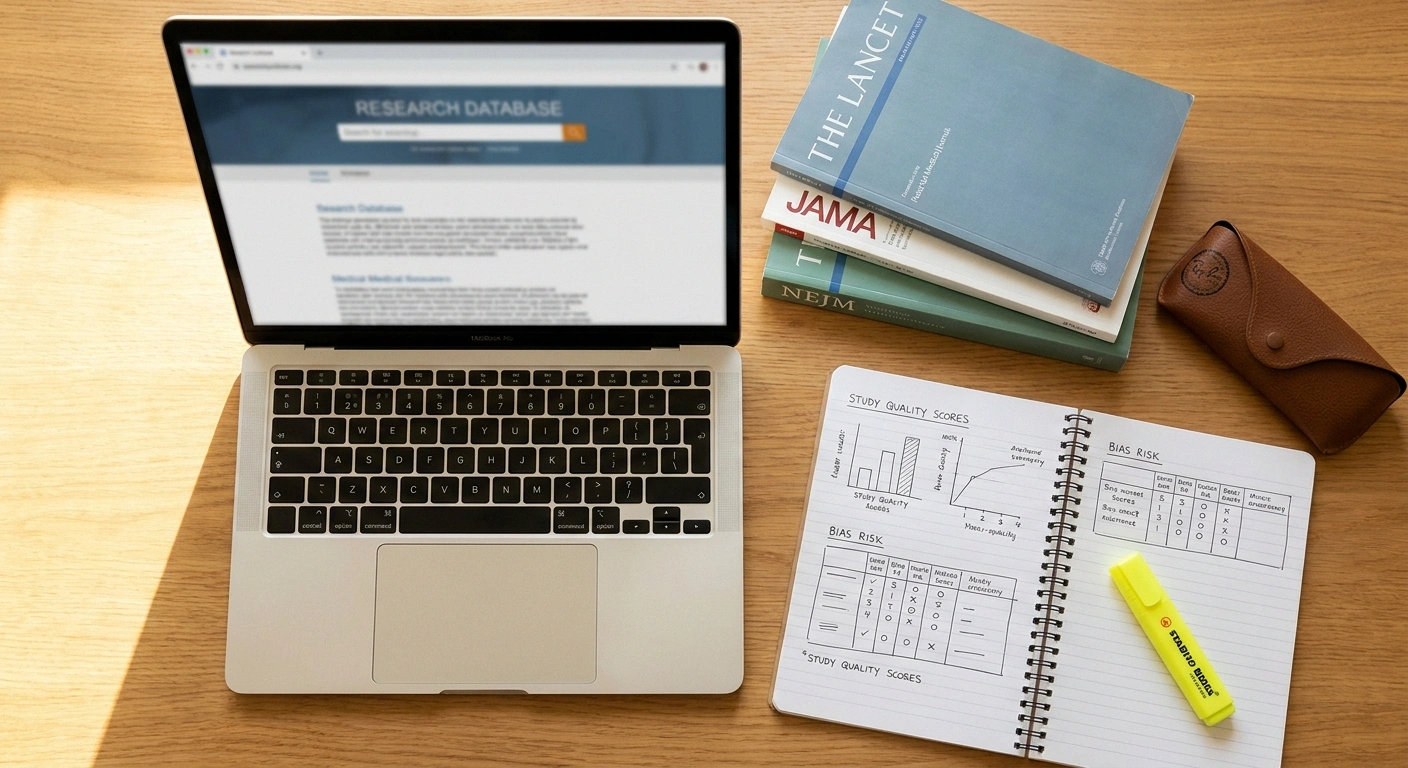 Flat-lay of laptop, medical journals, and handwritten notes for evaluating grounding research quality