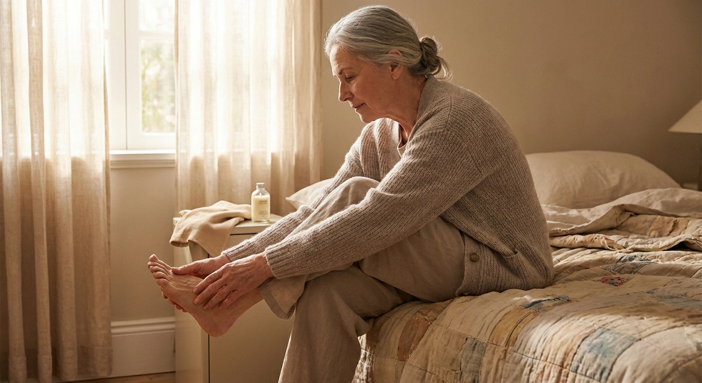 Older woman carefully inspecting her bare foot for cuts or injuries before grounding practice