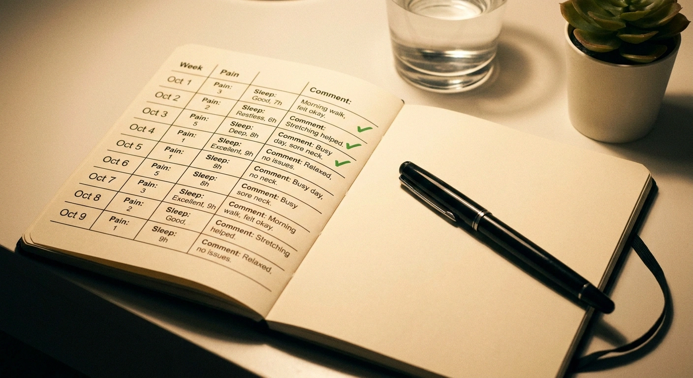 Handwritten symptom diary tracking pain and sleep over four weeks of a grounding trial