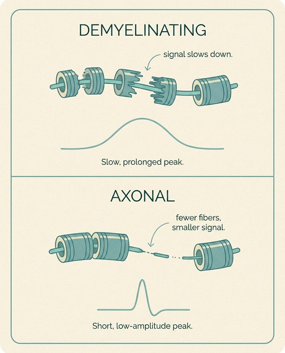 Side-by-side infographic comparing demyelinating and axonal nerve fiber damage.