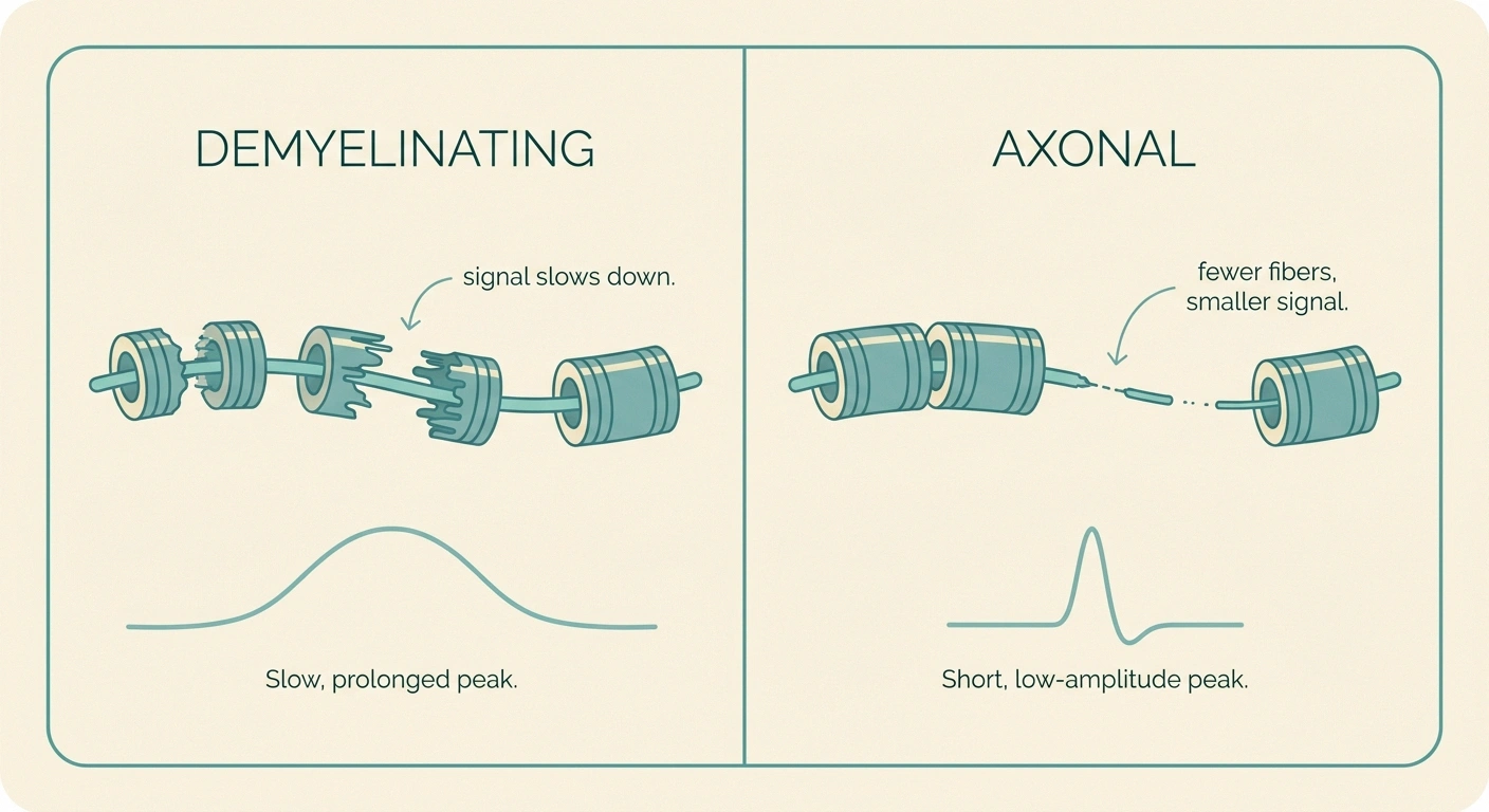 Side-by-side infographic comparing demyelinating and axonal nerve fiber damage.