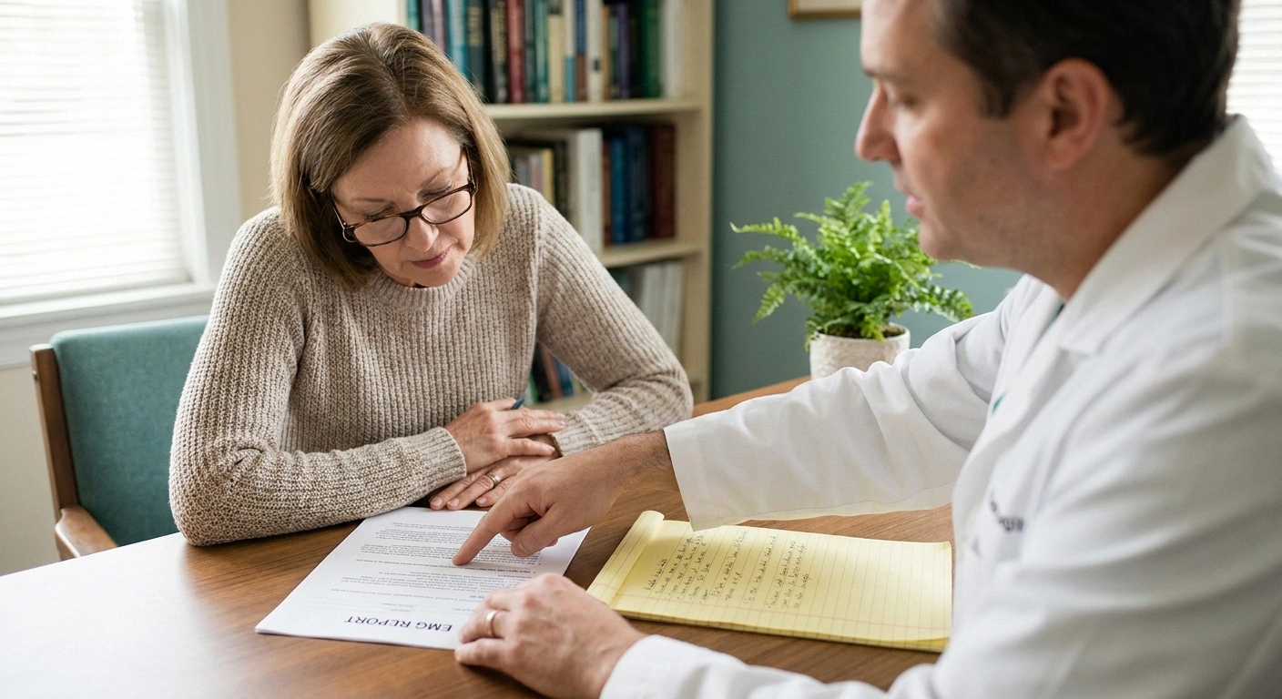 A patient and neurologist reviewing an EMG report together at a desk with handwritten questions.
