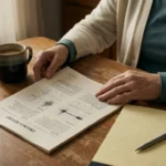 Hands of a woman holding an EMG nerve conduction study report on a kitchen table with a notepad and coffee.