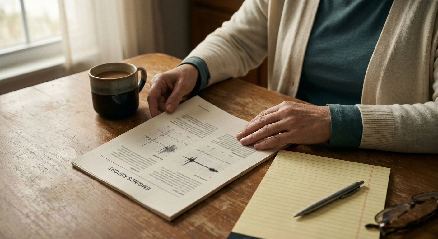 Hands of a woman holding an EMG nerve conduction study report on a kitchen table with a notepad and coffee.