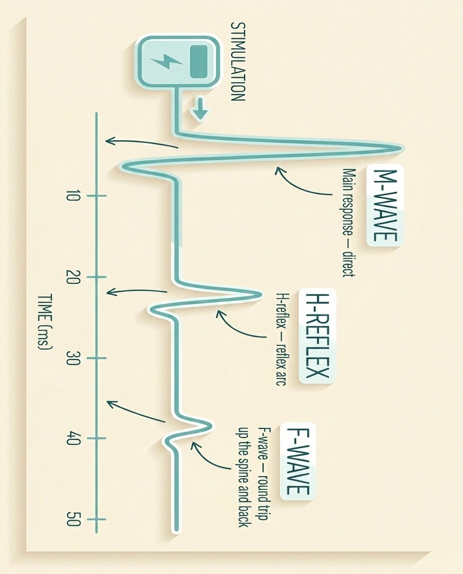 Infographic showing the M-wave, H-reflex, and F-wave on a nerve conduction trace.
