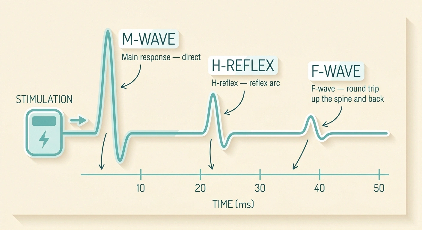 Infographic showing the M-wave, H-reflex, and F-wave on a nerve conduction trace.