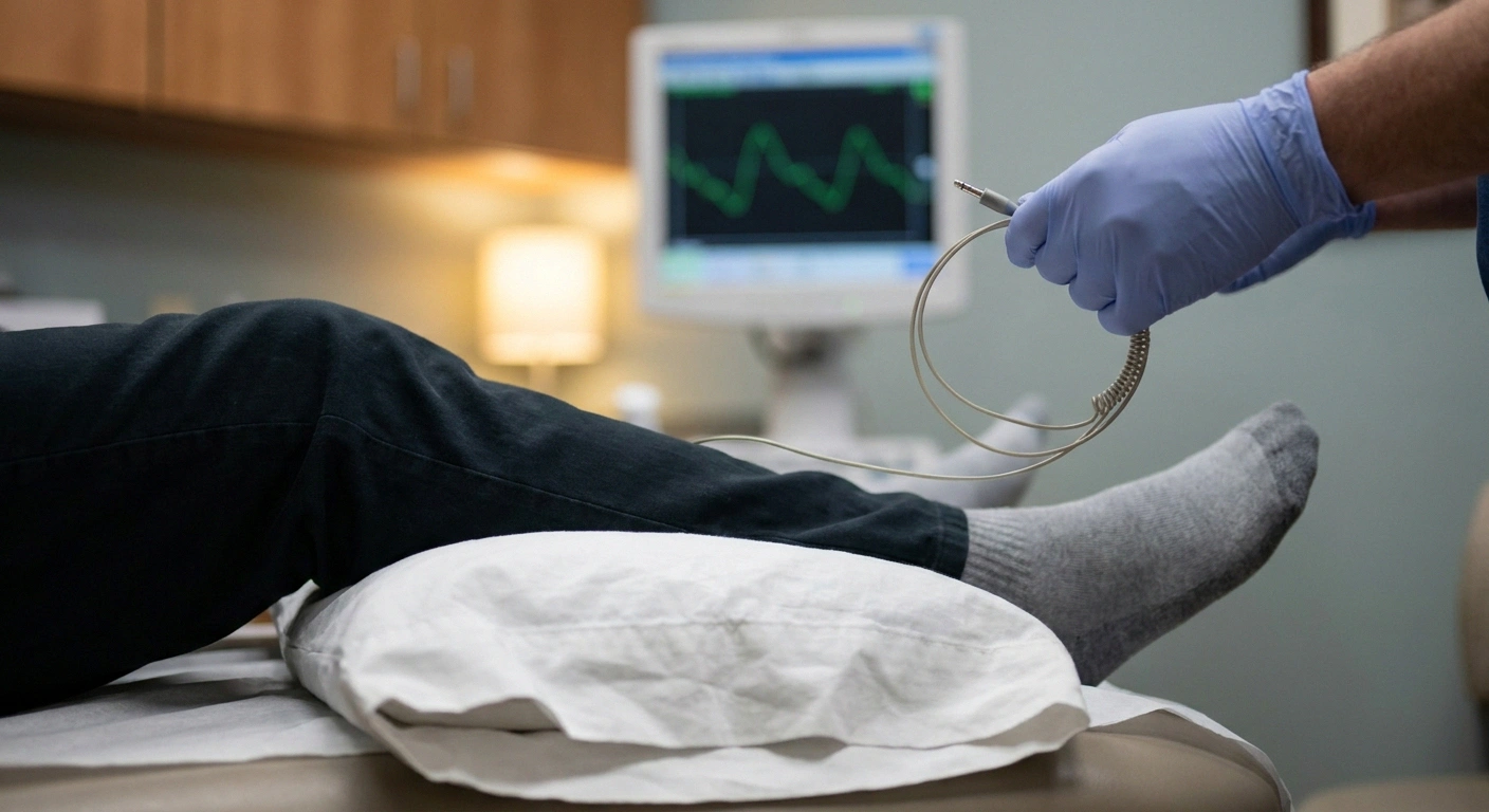 A patient's leg on an exam table with a technician's gloved hand and an EMG monitor in the background.