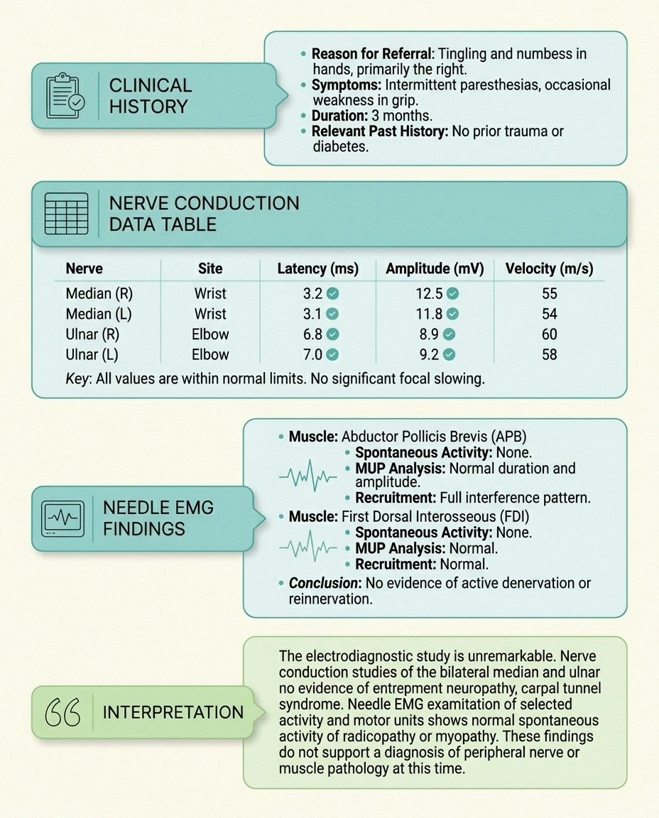 Infographic showing the four sections of an EMG nerve conduction study report.
