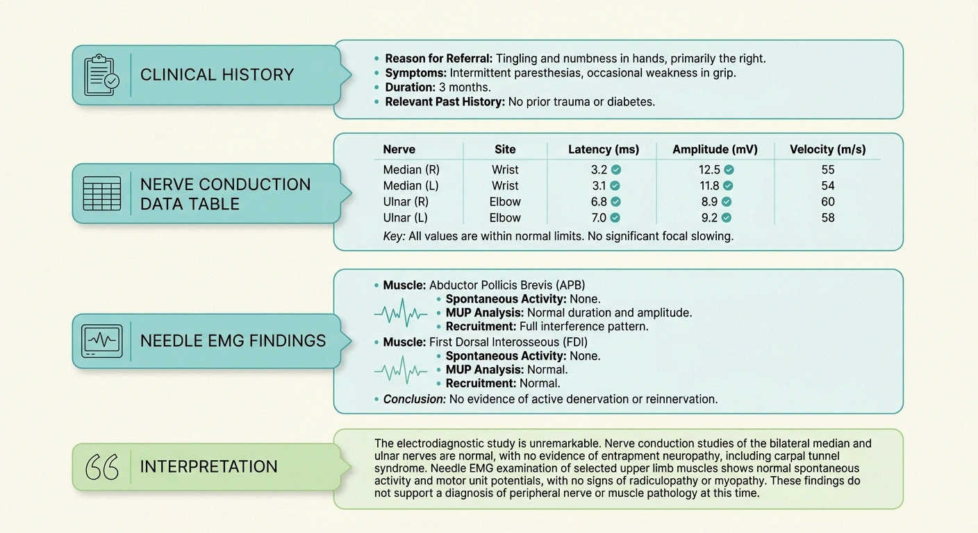 Infographic showing the four sections of an EMG nerve conduction study report.