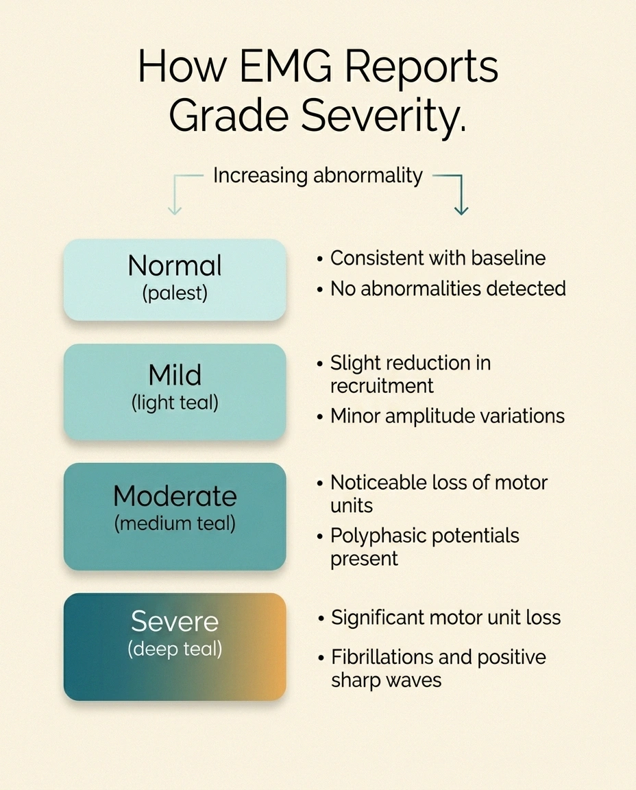 Infographic ladder showing normal, mild, moderate, and severe EMG abnormality grades.