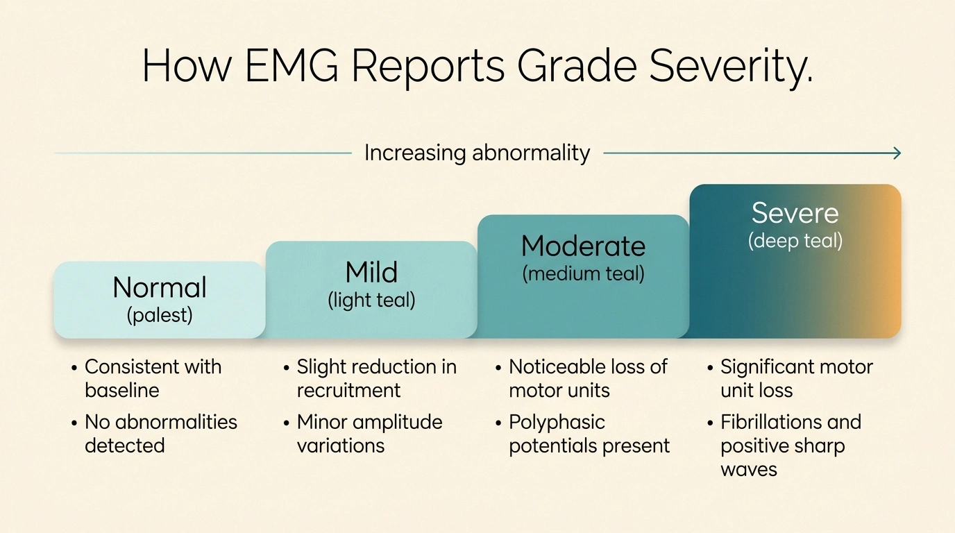 Infographic ladder showing normal, mild, moderate, and severe EMG abnormality grades.