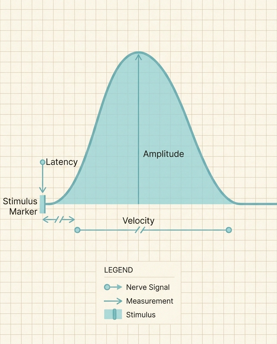 Infographic of a nerve conduction waveform labeled with amplitude, latency, and conduction velocity.