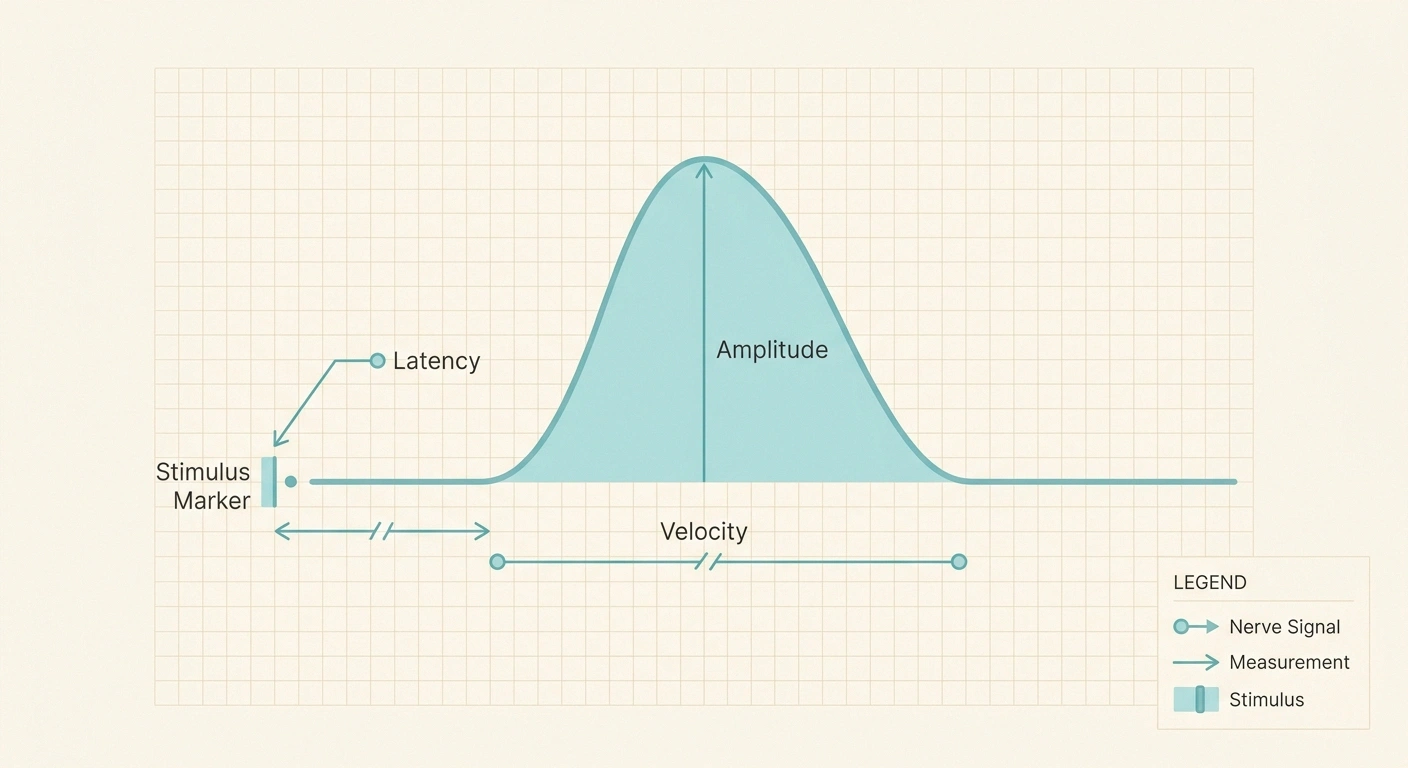 Infographic of a nerve conduction waveform labeled with amplitude, latency, and conduction velocity.
