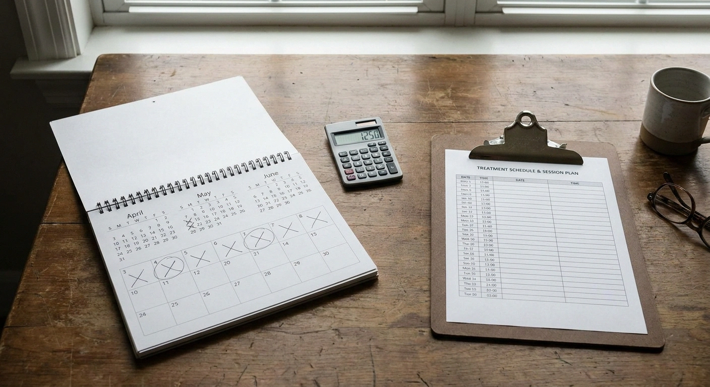 Desk view of HBOT treatment schedule across 12 weeks — illustrating the time and financial commitment
