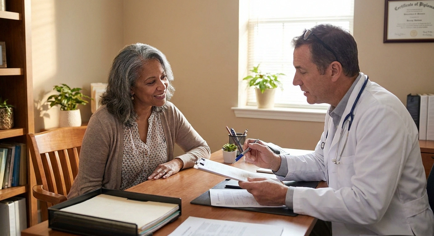 Patient reviewing medical history with physician before starting hyperbaric oxygen therapy for neuropathy