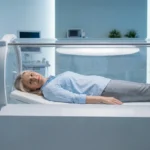Patient inside a hard-shell hyperbaric oxygen chamber — undergoing HBOT for diabetic peripheral neuropathy