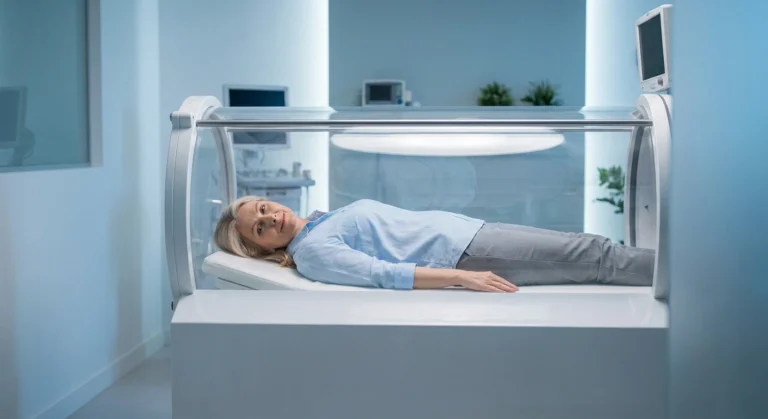 Patient inside a hard-shell hyperbaric oxygen chamber — undergoing HBOT for diabetic peripheral neuropathy