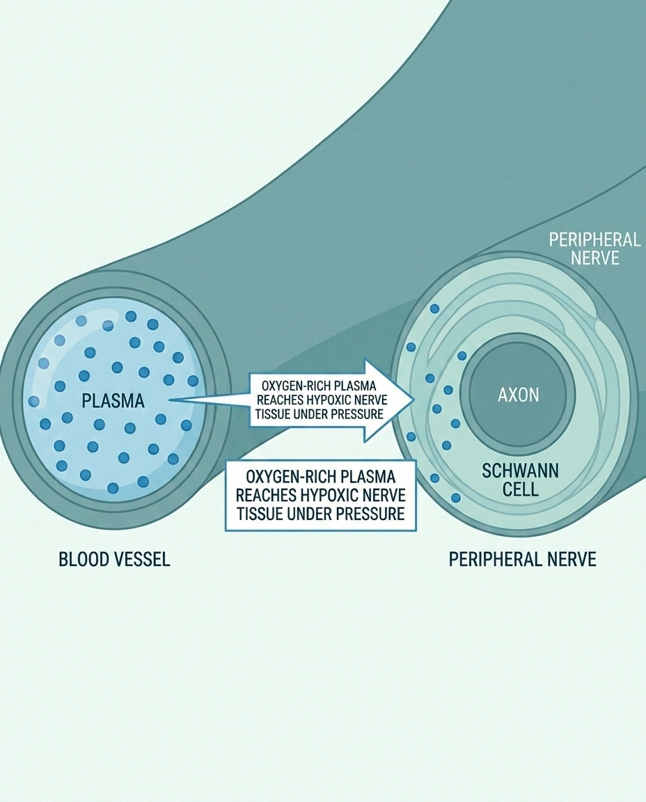 Diagram of how hyperbaric oxygen delivers dissolved oxygen via plasma to nerve tissue with poor blood flow