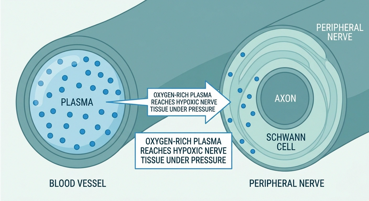 Diagram of how hyperbaric oxygen delivers dissolved oxygen via plasma to nerve tissue with poor blood flow