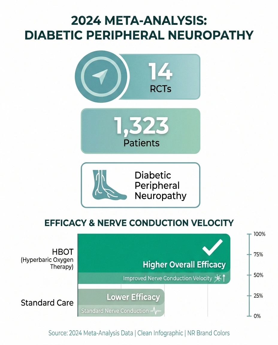 Infographic of 2024 meta-analysis: 14 RCTs and 1,323 patients showing HBOT improves nerve conduction velocity in diabetic neuropathy