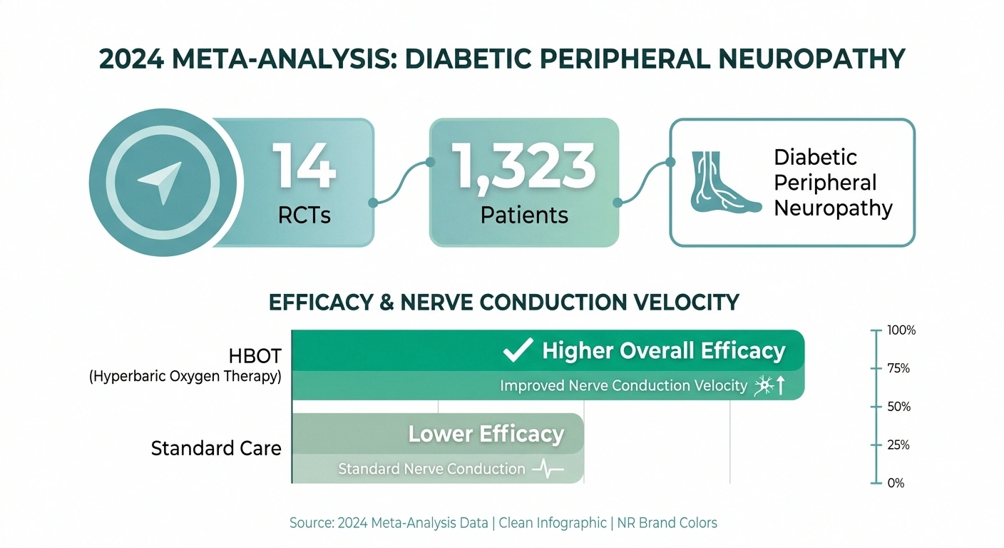 Infographic of 2024 meta-analysis: 14 RCTs and 1,323 patients showing HBOT improves nerve conduction velocity in diabetic neuropathy