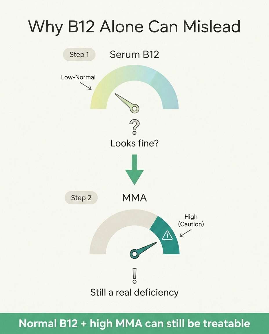 Infographic showing a normal-looking B12 with elevated MMA can still indicate a treatable deficiency