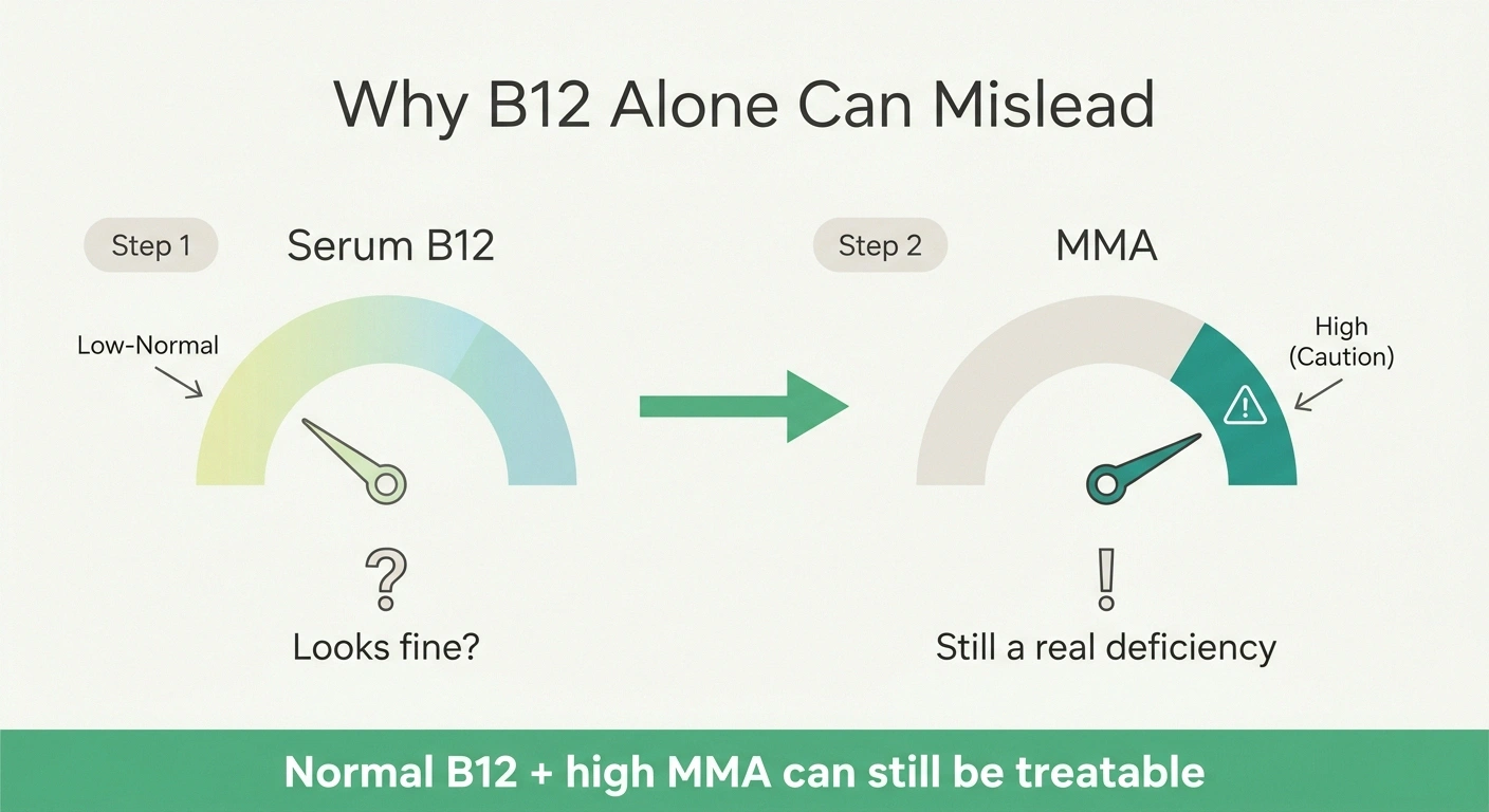 Infographic showing a normal-looking B12 with elevated MMA can still indicate a treatable deficiency