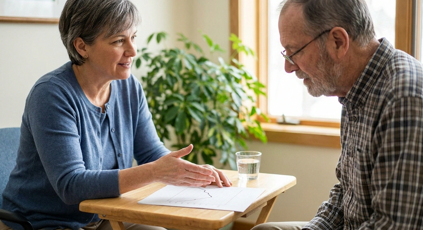 A doctor calmly explaining a blood sugar result to an older patient at a small table