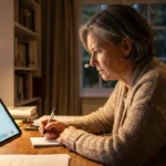 Woman calmly reviewing blurred lab results on a tablet at a home desk while jotting down questions