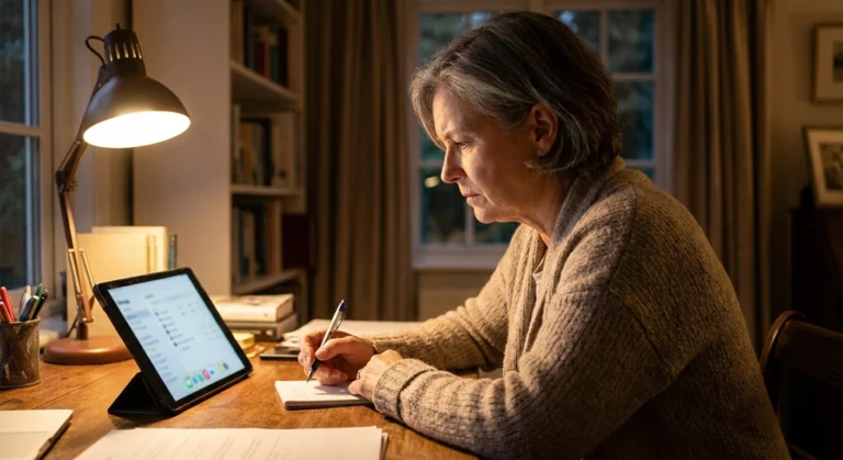 Woman calmly reviewing blurred lab results on a tablet at a home desk while jotting down questions
