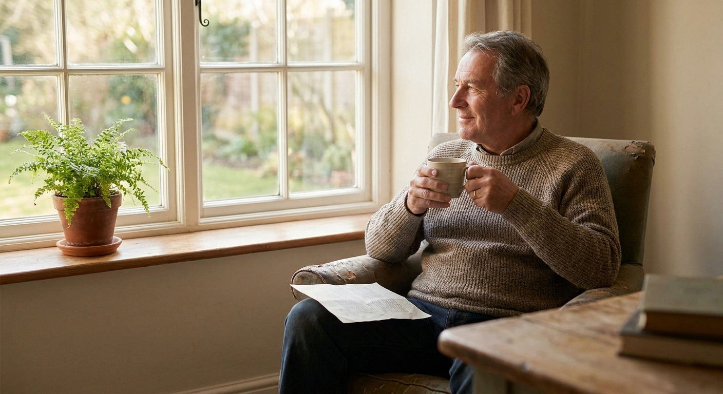 Older man sitting thoughtfully by a window with tea, processing a normal test result calmly