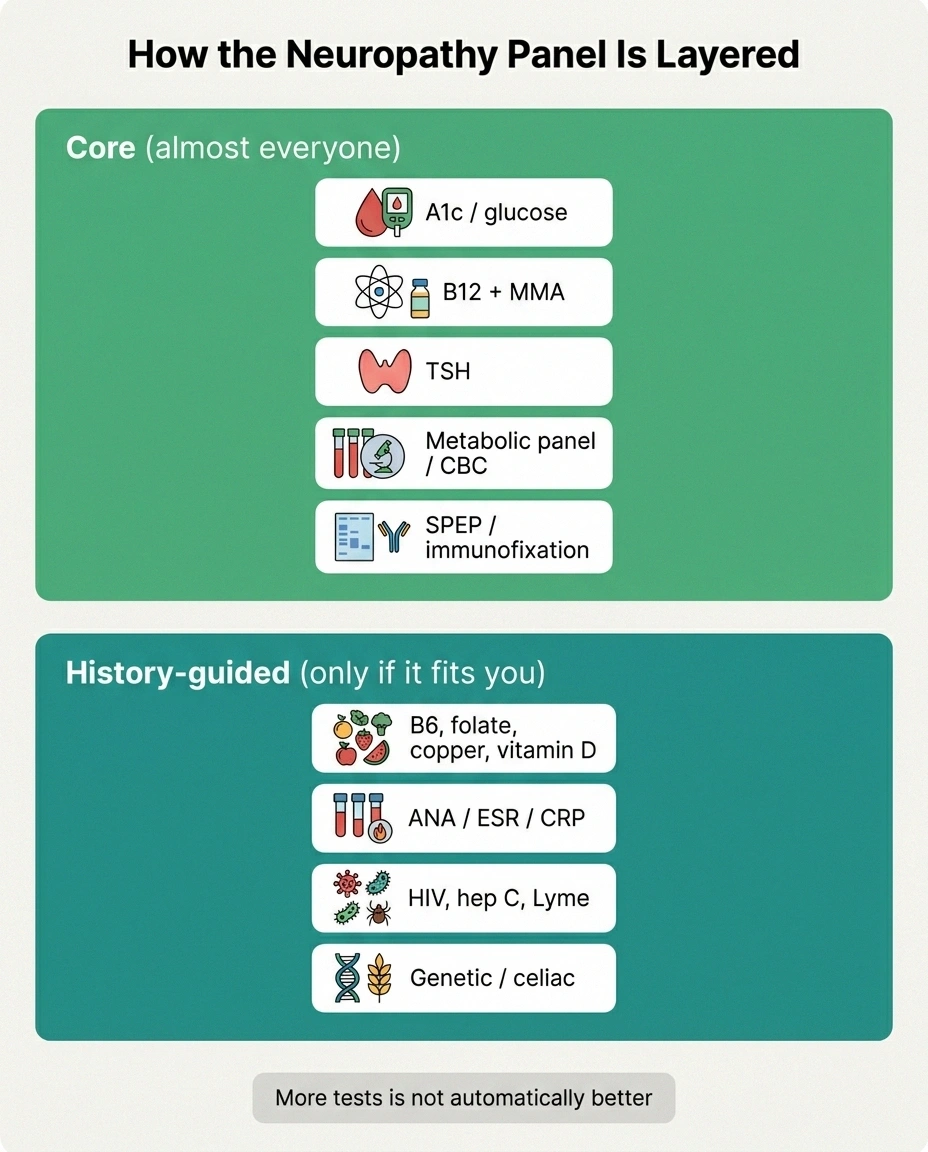 Infographic of the neuropathy blood panel layered into core tests and history-guided add-on tests