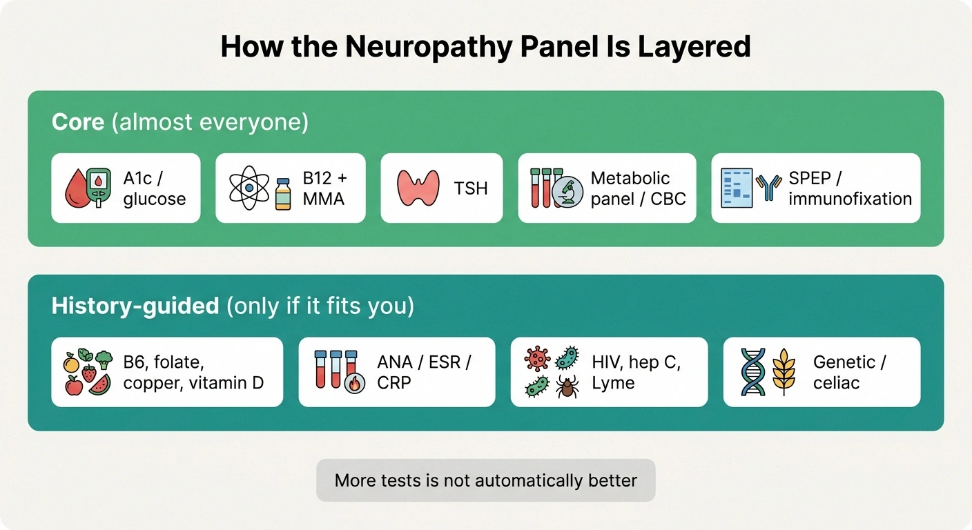 Infographic of the neuropathy blood panel layered into core tests and history-guided add-on tests