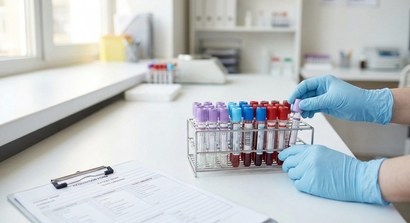 A tidy rack of labeled blood collection tubes on a clean lab counter being organized