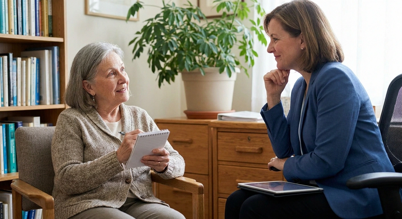 A prepared patient with a question list having a collaborative discussion with her doctor