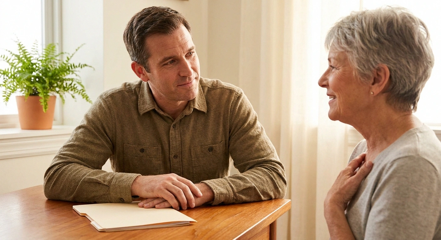 A clinician reassuring an older patient during a calm conversation about test screening