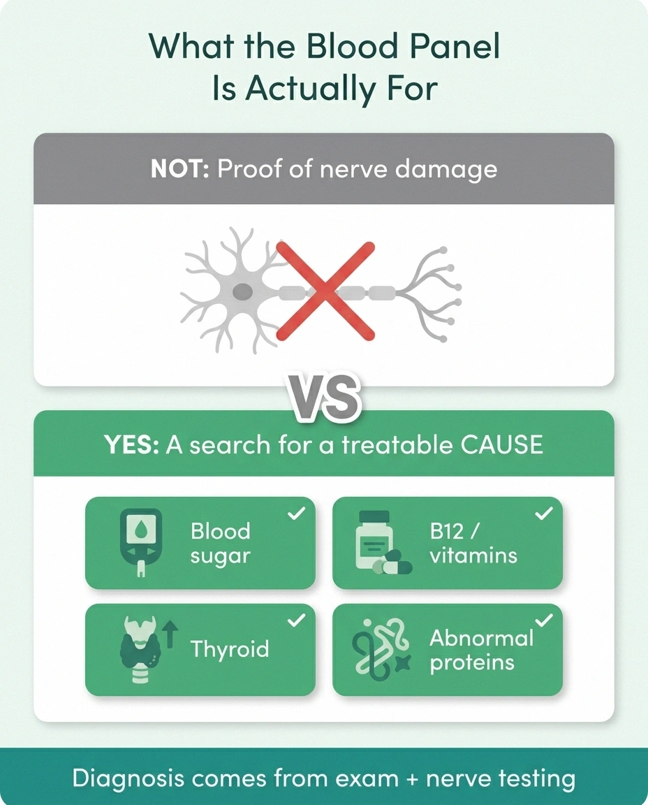 Infographic showing blood tests search for a treatable cause rather than proving nerve damage
