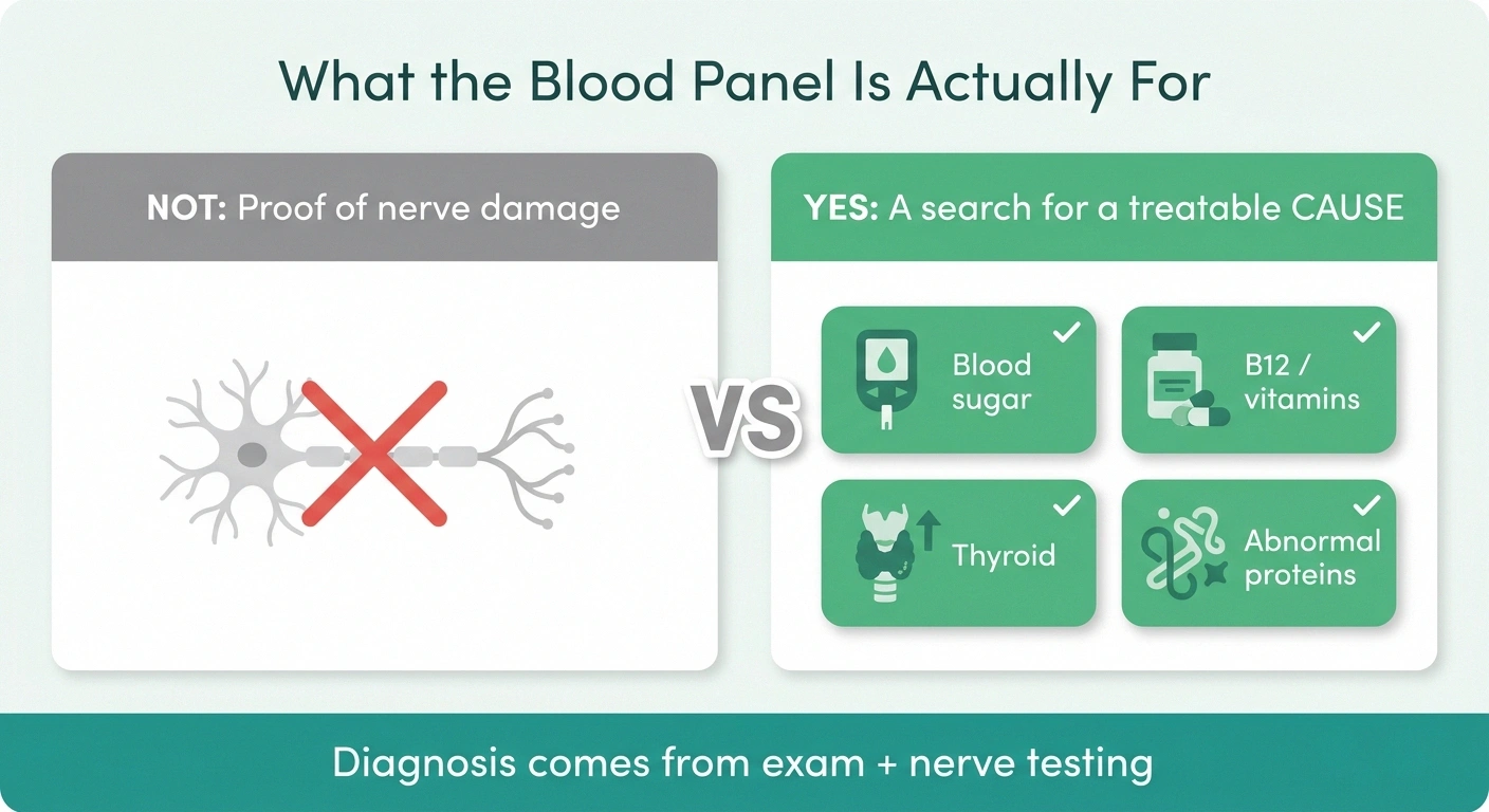 Infographic showing blood tests search for a treatable cause rather than proving nerve damage