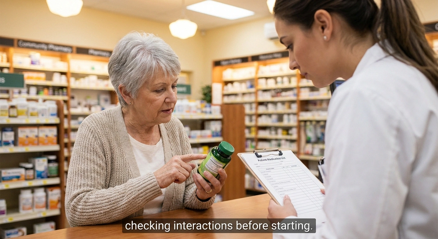 Patient discussing L-methylfolate supplement and prescription interactions with her pharmacist