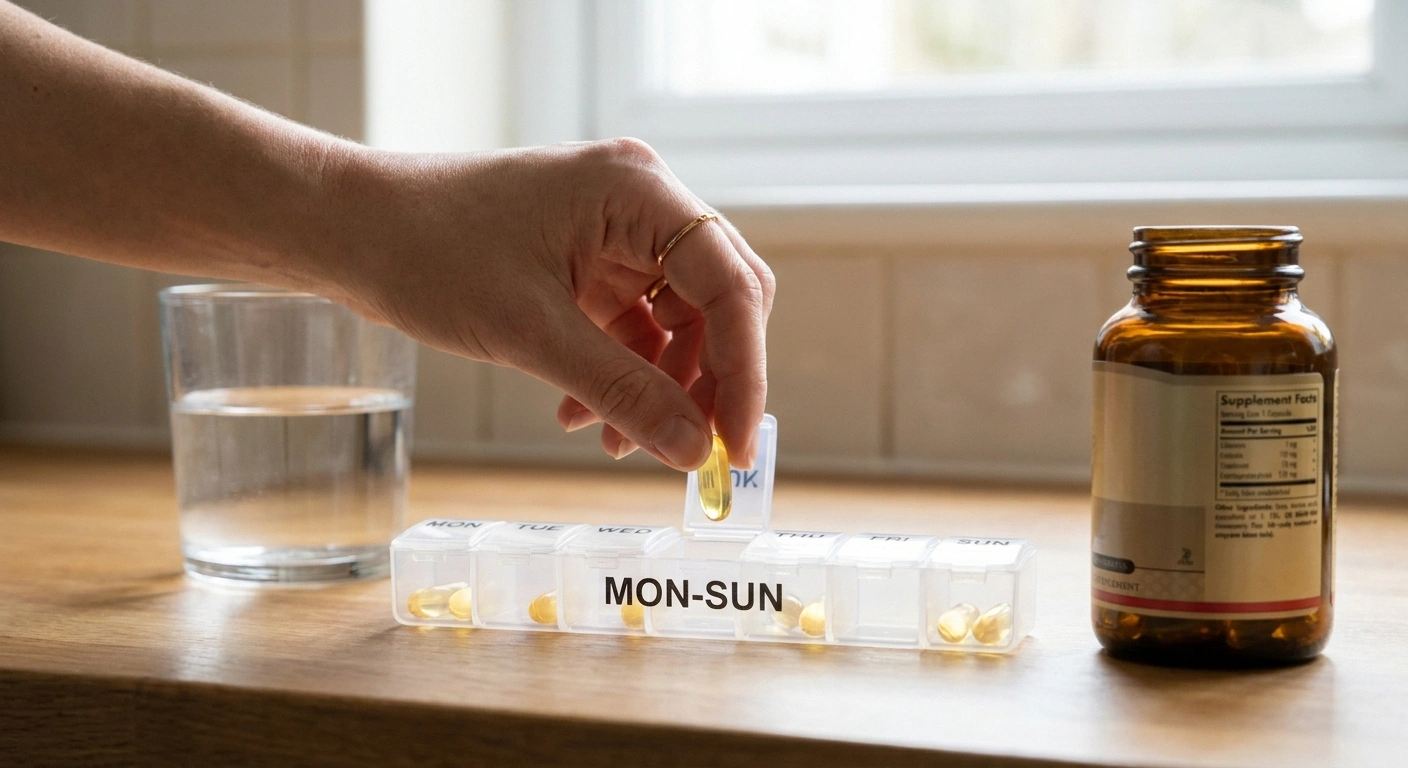 Hand placing an L-methylfolate capsule into a weekly pill organizer — careful titration starting at low dose