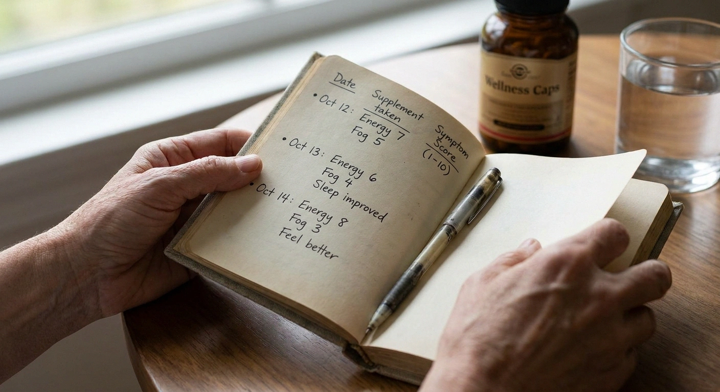 Hands writing in a symptom-tracking notebook beside an L-methylfolate supplement bottle