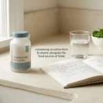 L-methylfolate active B-vitamin supplement on a kitchen table beside leafy greens and research notes