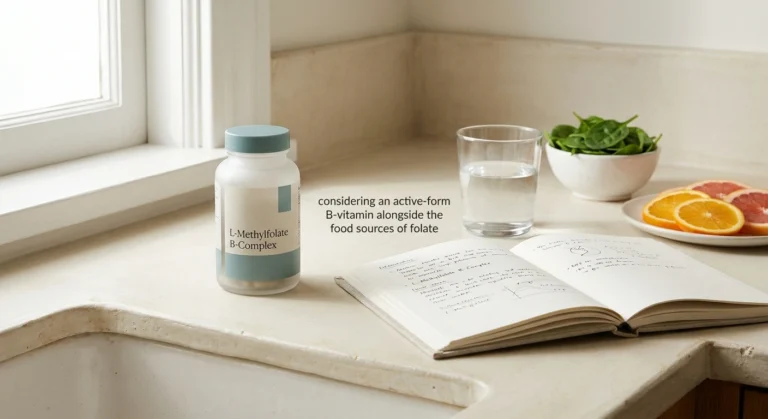 L-methylfolate active B-vitamin supplement on a kitchen table beside leafy greens and research notes