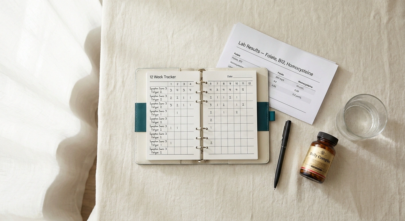 Structured 12-week trial setup for L-methylfolate: symptom tracking notebook, lab results, supplement bottle