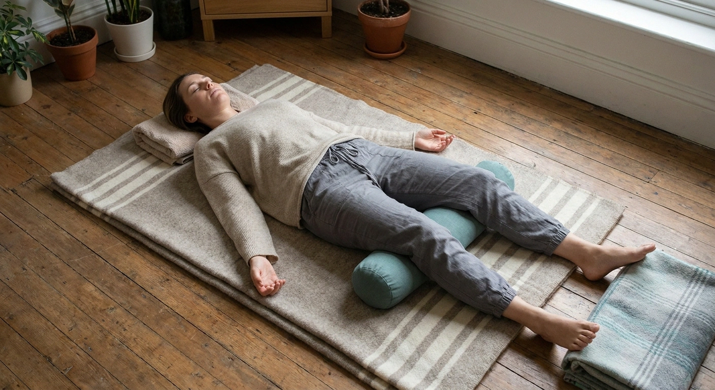 Woman lying on her back on a folded blanket, practicing the body-scan meditation in a quiet room.