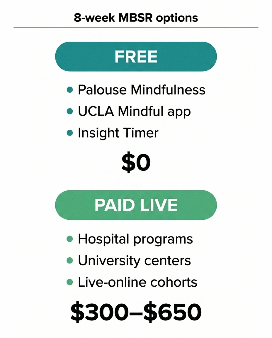Comparison graphic of free MBSR options versus paid live programs costing $300 to $650.