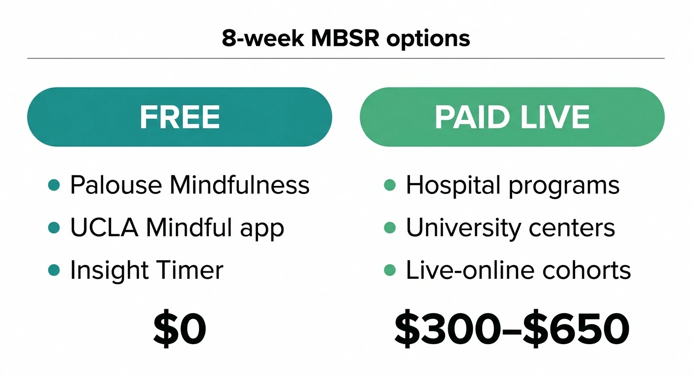Comparison graphic of free MBSR options versus paid live programs costing $300 to $650.