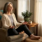 Older woman seated by a window in soft morning light, eyes closed in mindful body-scan practice.